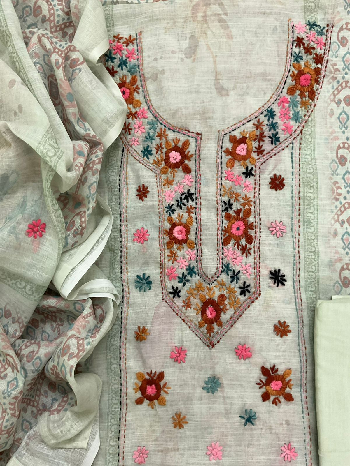 Soft Linen Jute Cotton Embroidered Suit - Green