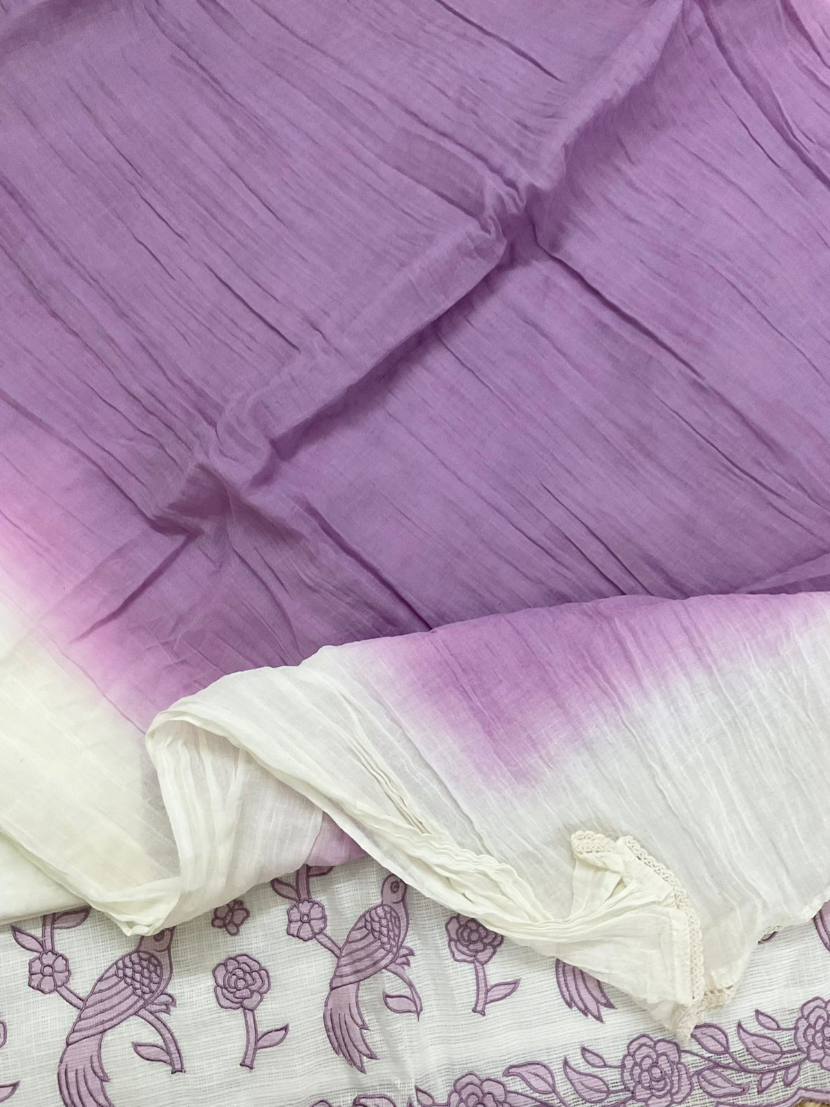 Soft Kota Silk Printed Embroidered Suit - Off White