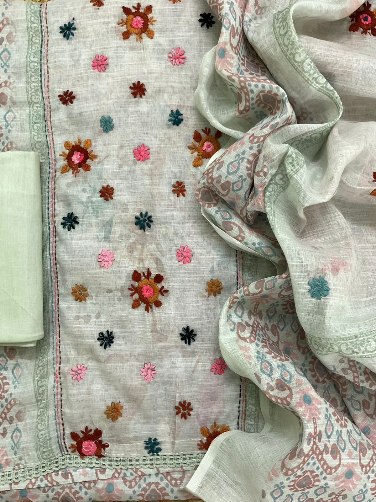 Soft Linen Jute Cotton Embroidered Suit - Green