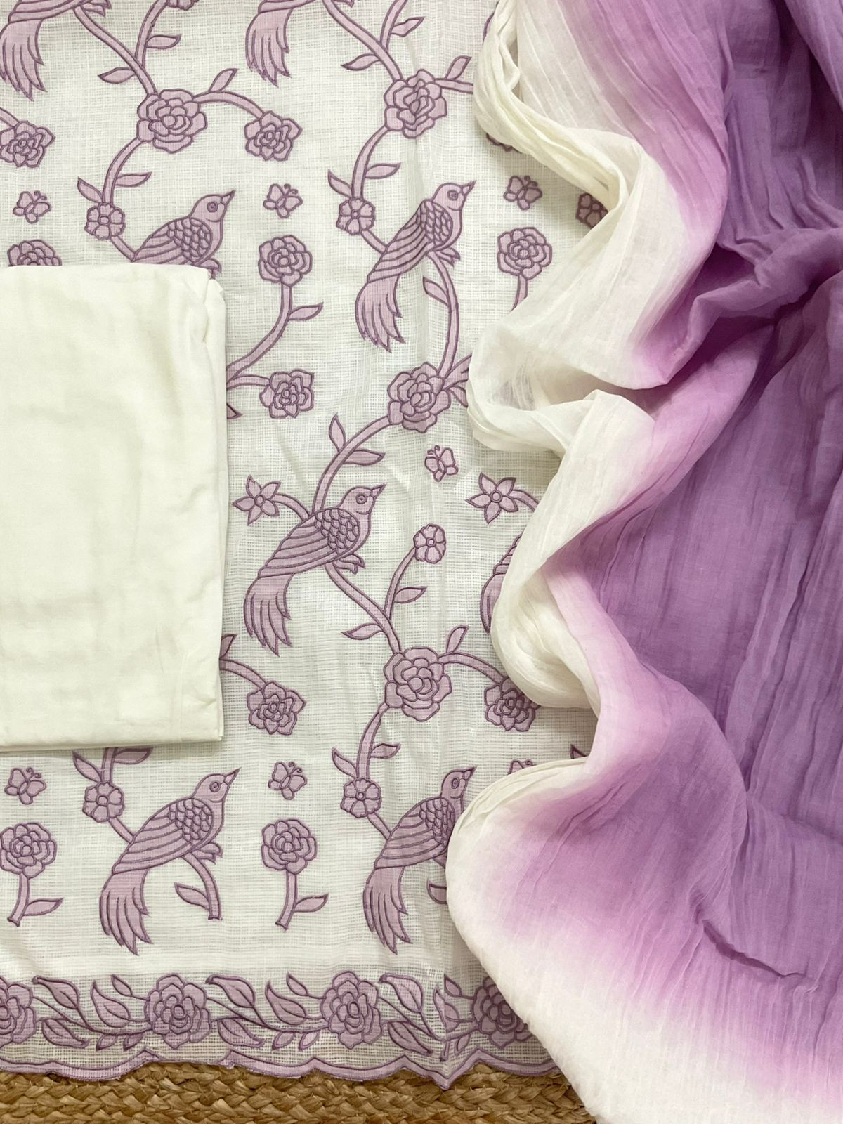 Soft Kota Silk Printed Embroidered Suit - Off White