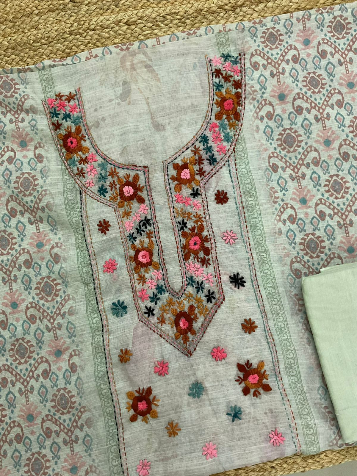 Soft Linen Jute Cotton Embroidered Suit - Green