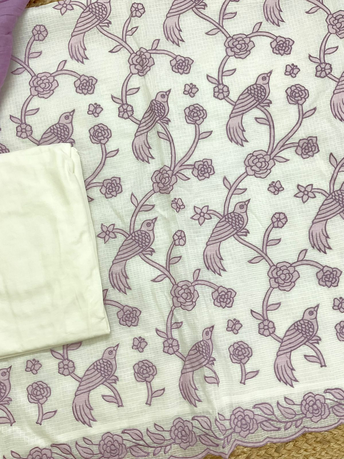 Soft Kota Silk Printed Embroidered Suit - Off White