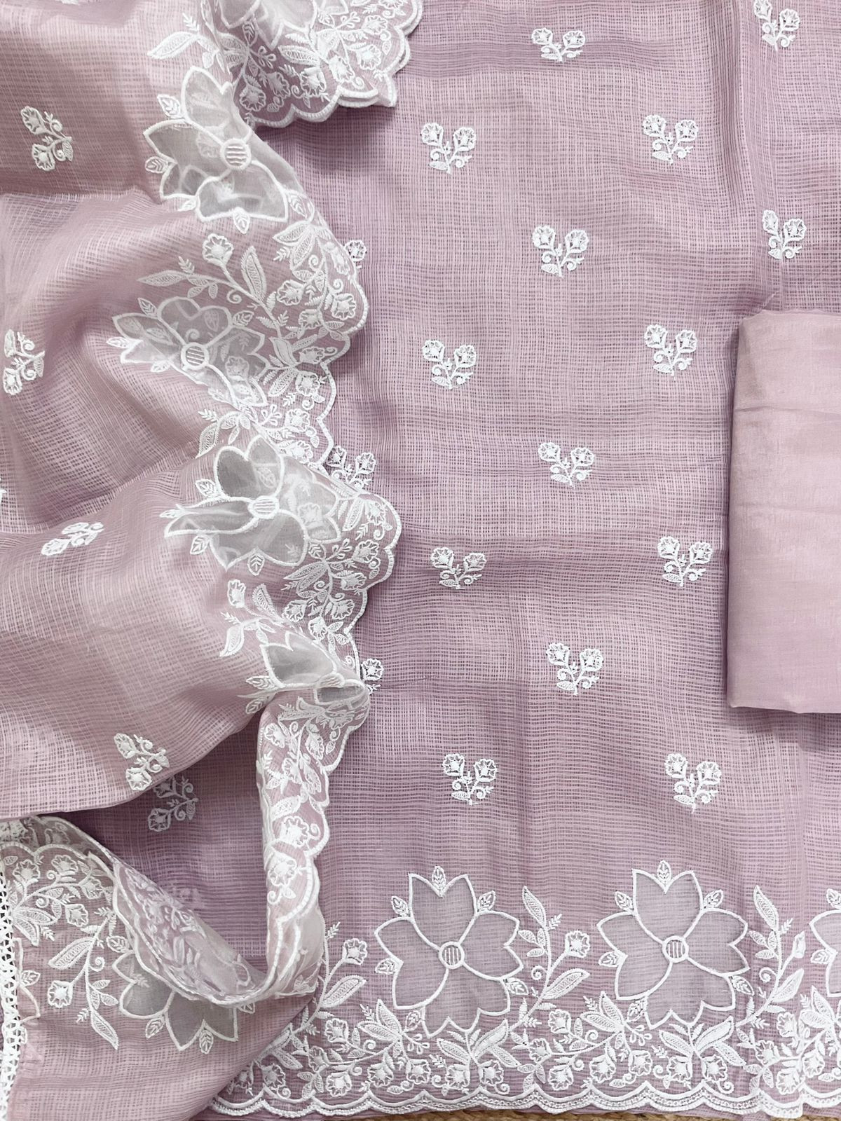 Soft Kota Silk Embroidered Suit - Onion Pink