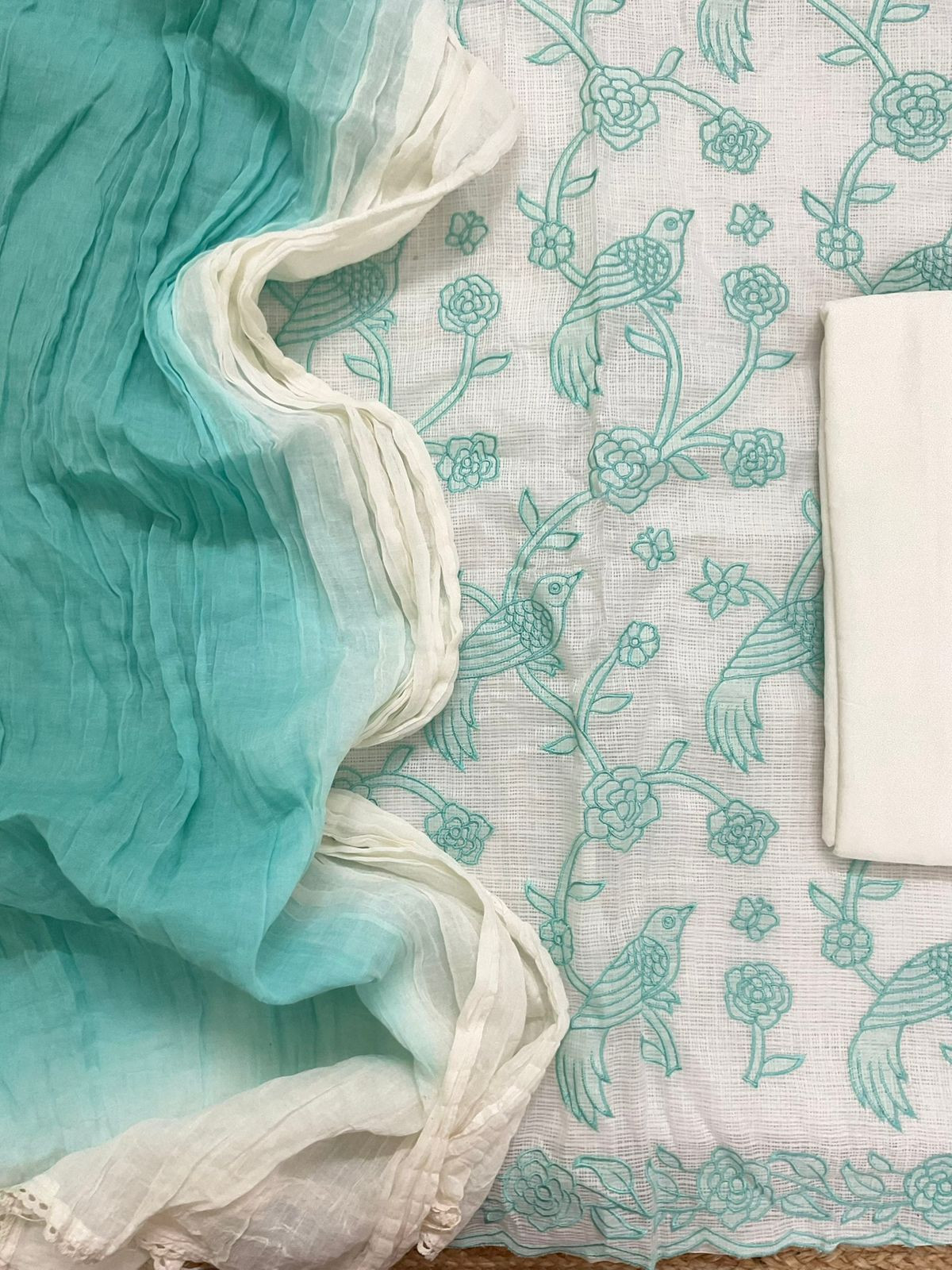 Soft Kota Silk Printed Embroidered Suit - Off White