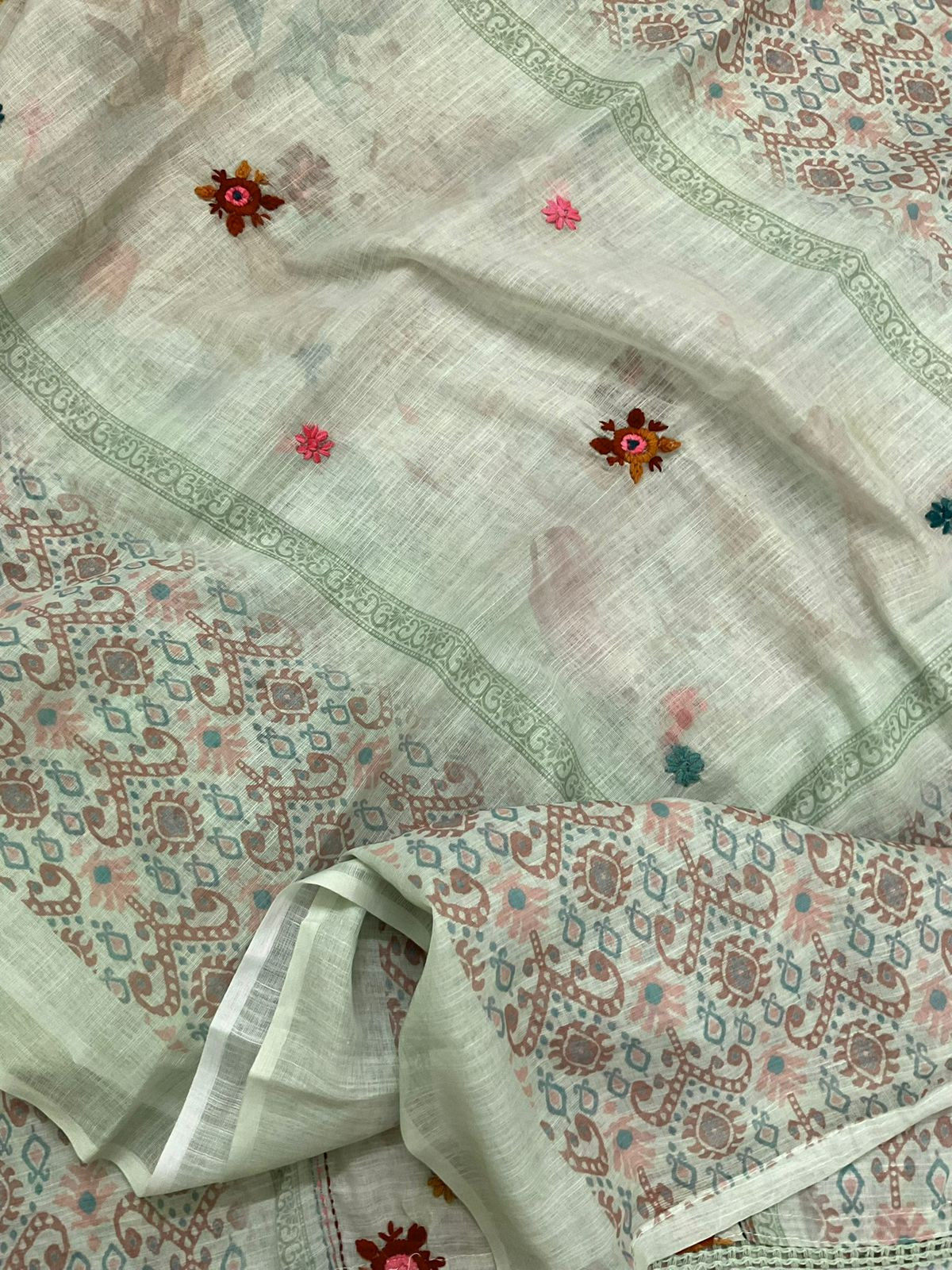 Soft Linen Jute Cotton Embroidered Suit - Green