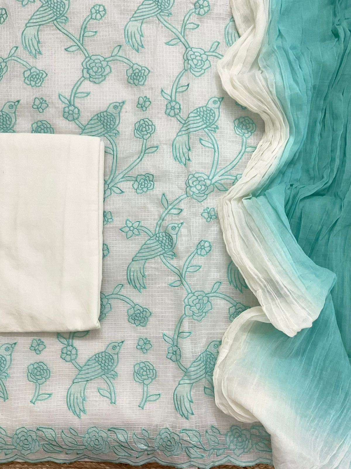 Soft Kota Silk Printed Embroidered Suit - Off White