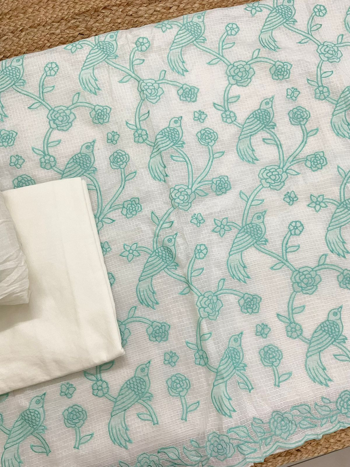 Soft Kota Silk Printed Embroidered Suit - Off White