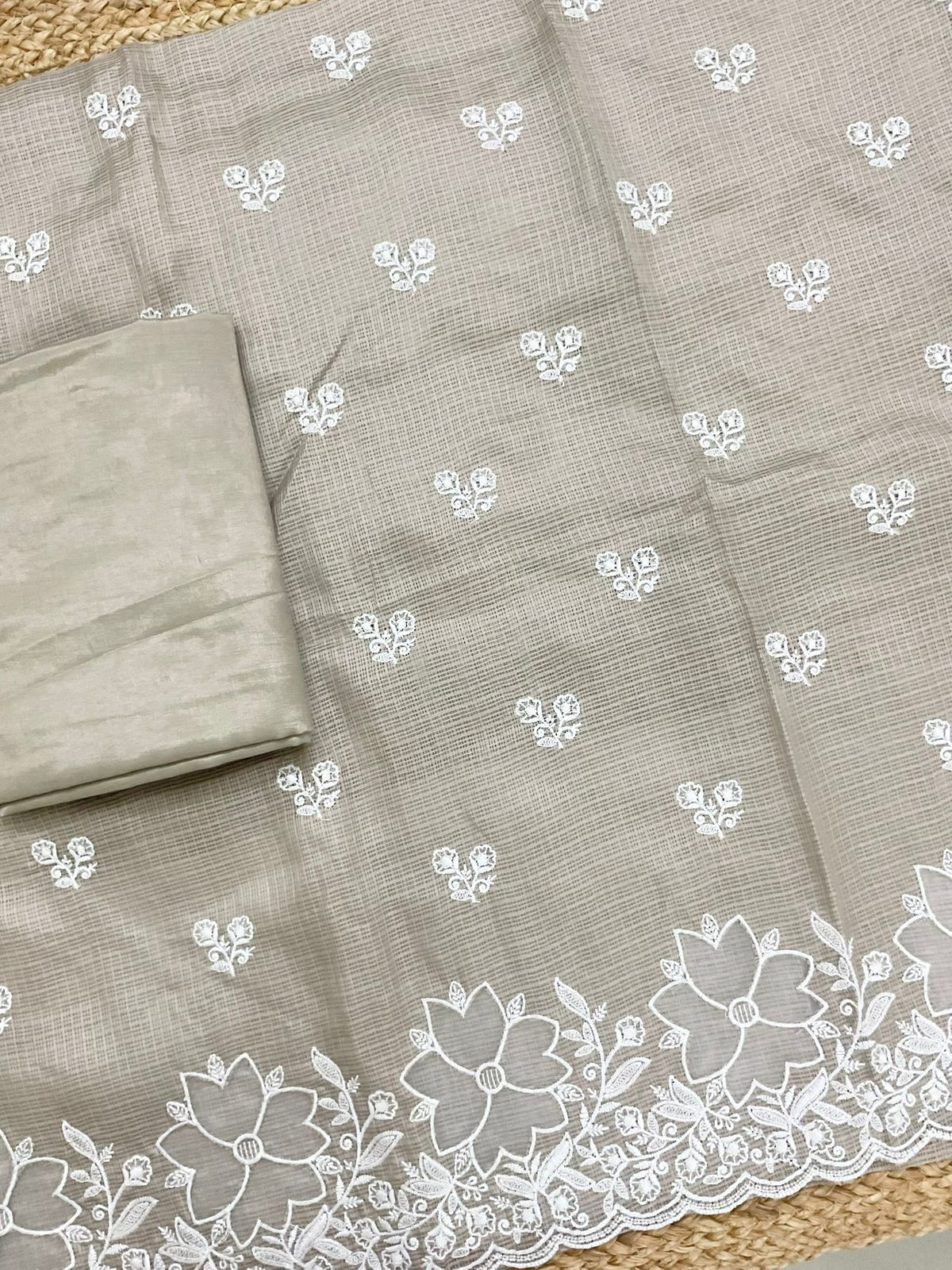 Soft Kota Silk Embroidered Suit - Beige