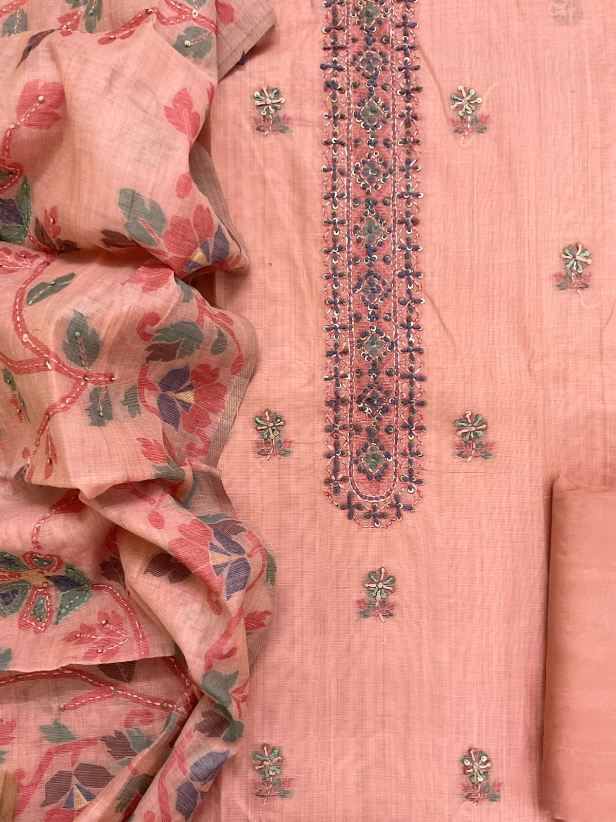 Soft Kora Chanderi Jamdani Weaved Embroidered Suit - Peach