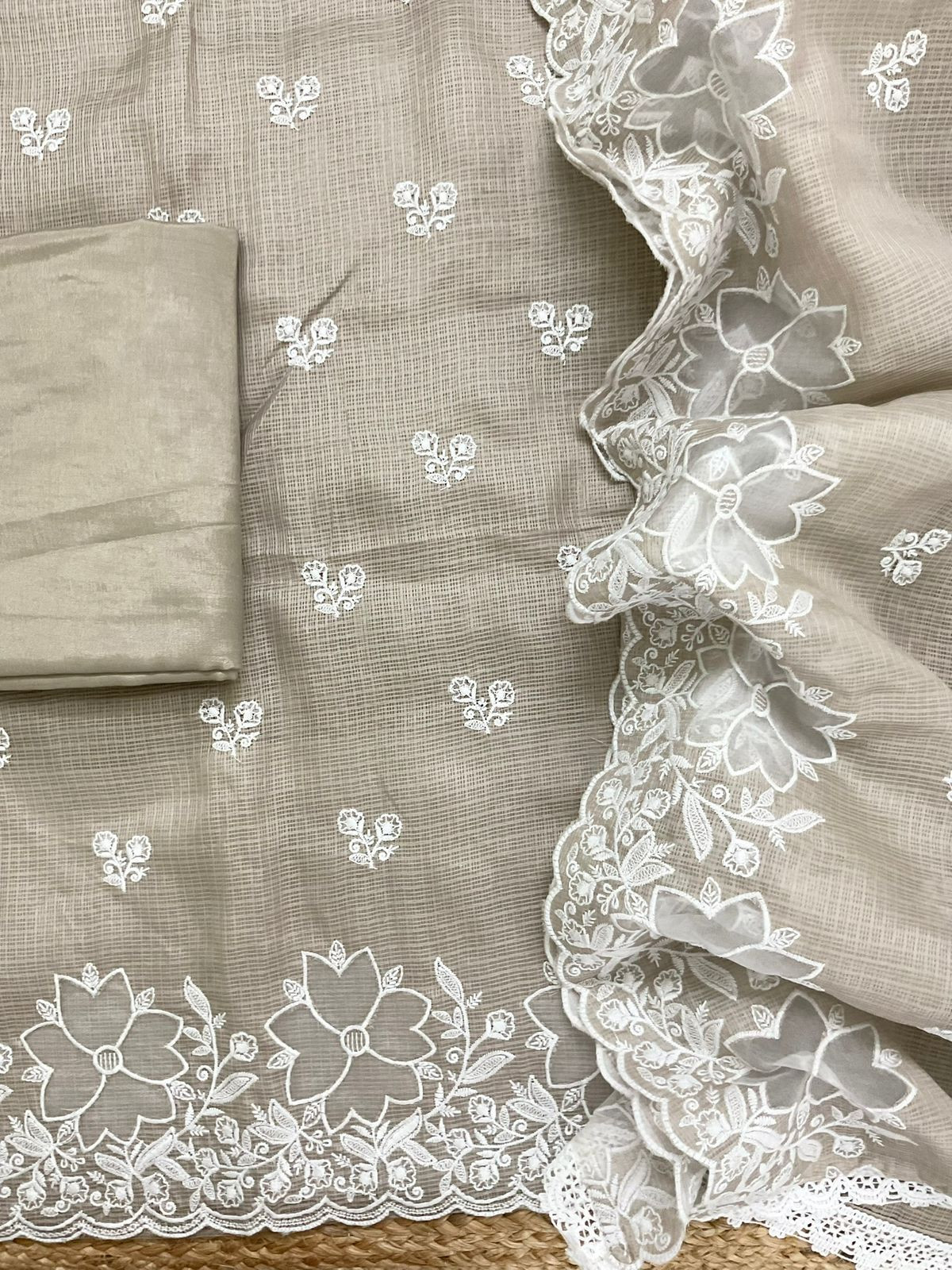 Soft Kota Silk Embroidered Suit - Beige