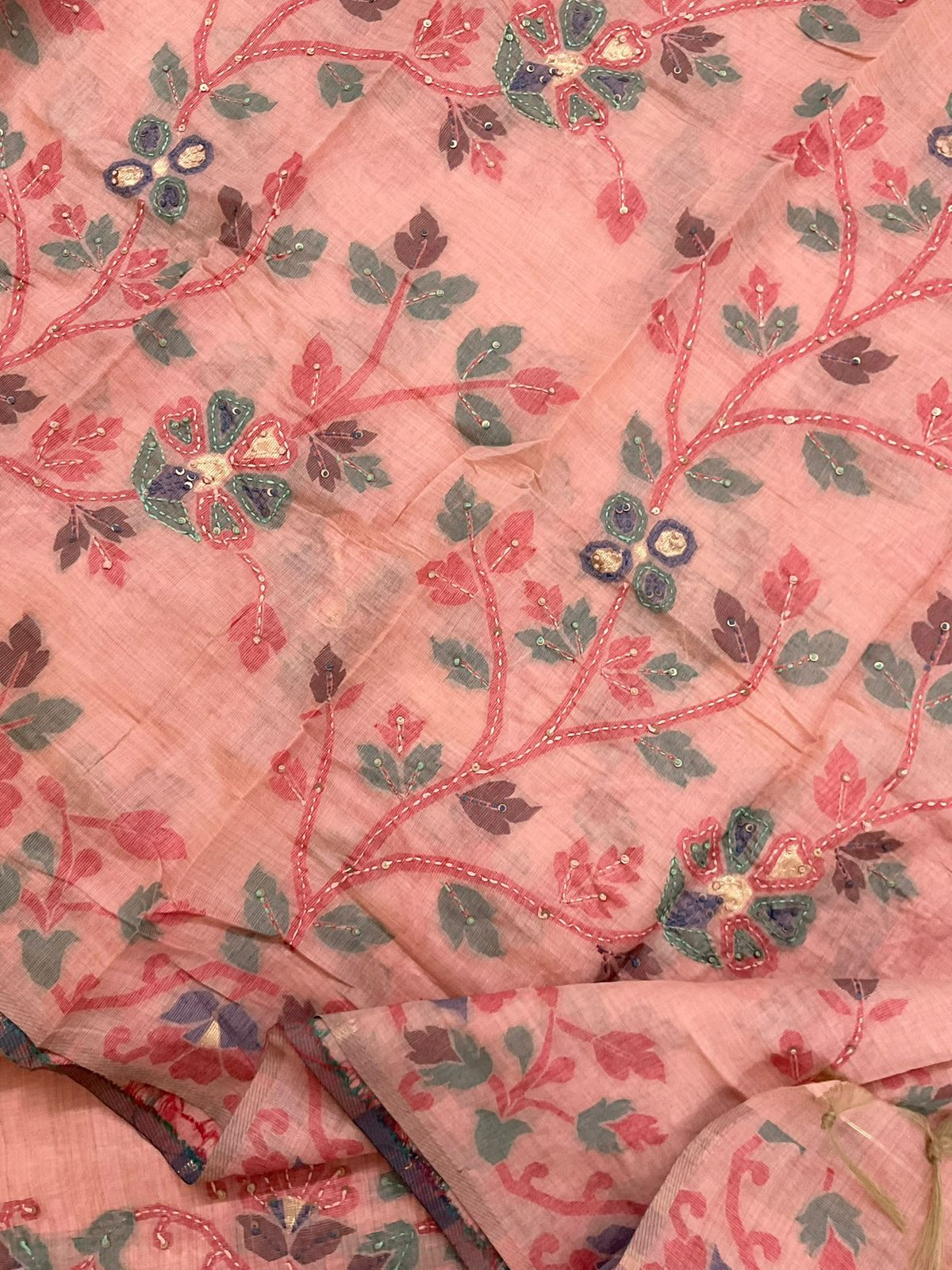 Soft Kora Chanderi Jamdani Weaved Embroidered Suit - Peach