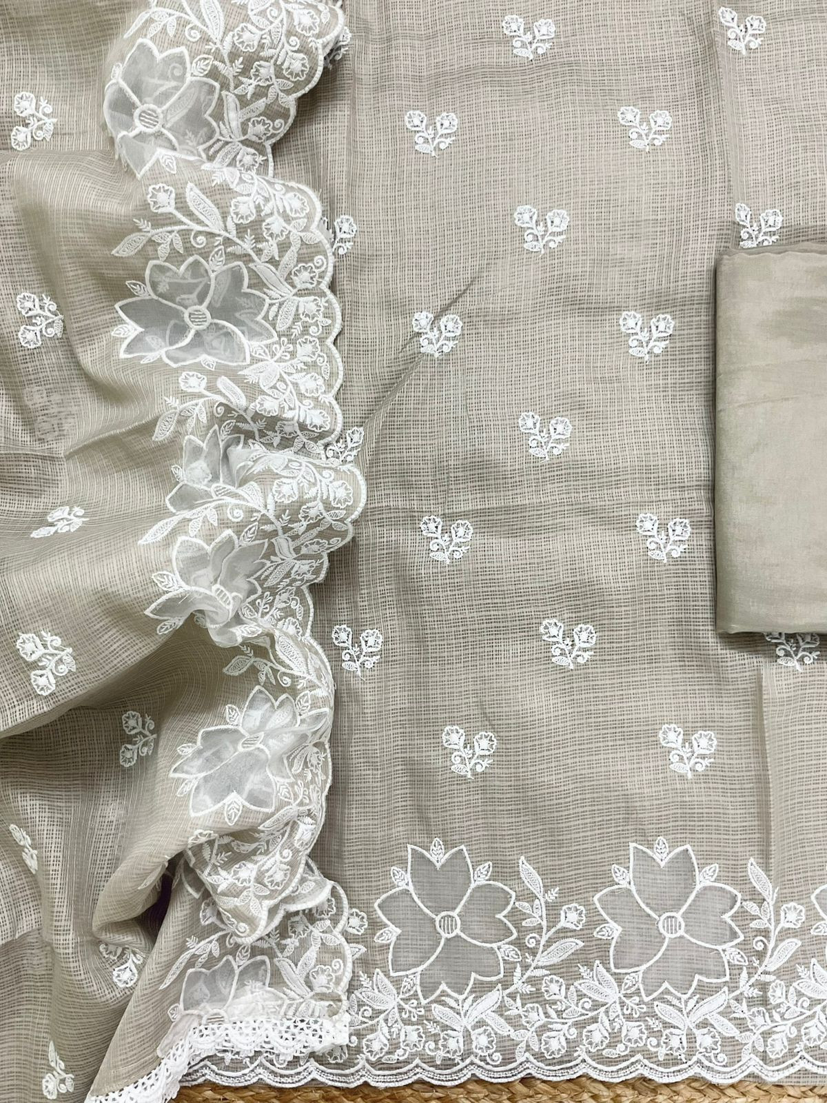 Soft Kota Silk Embroidered Suit - Beige