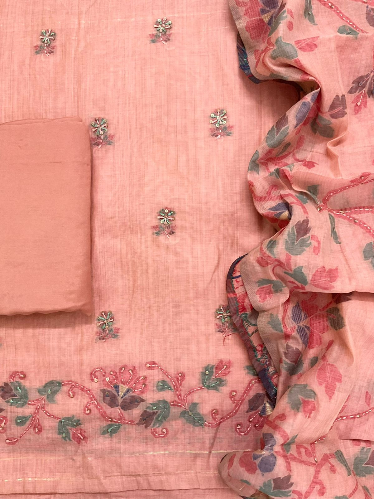 Soft Kora Chanderi Jamdani Weaved Embroidered Suit - Peach