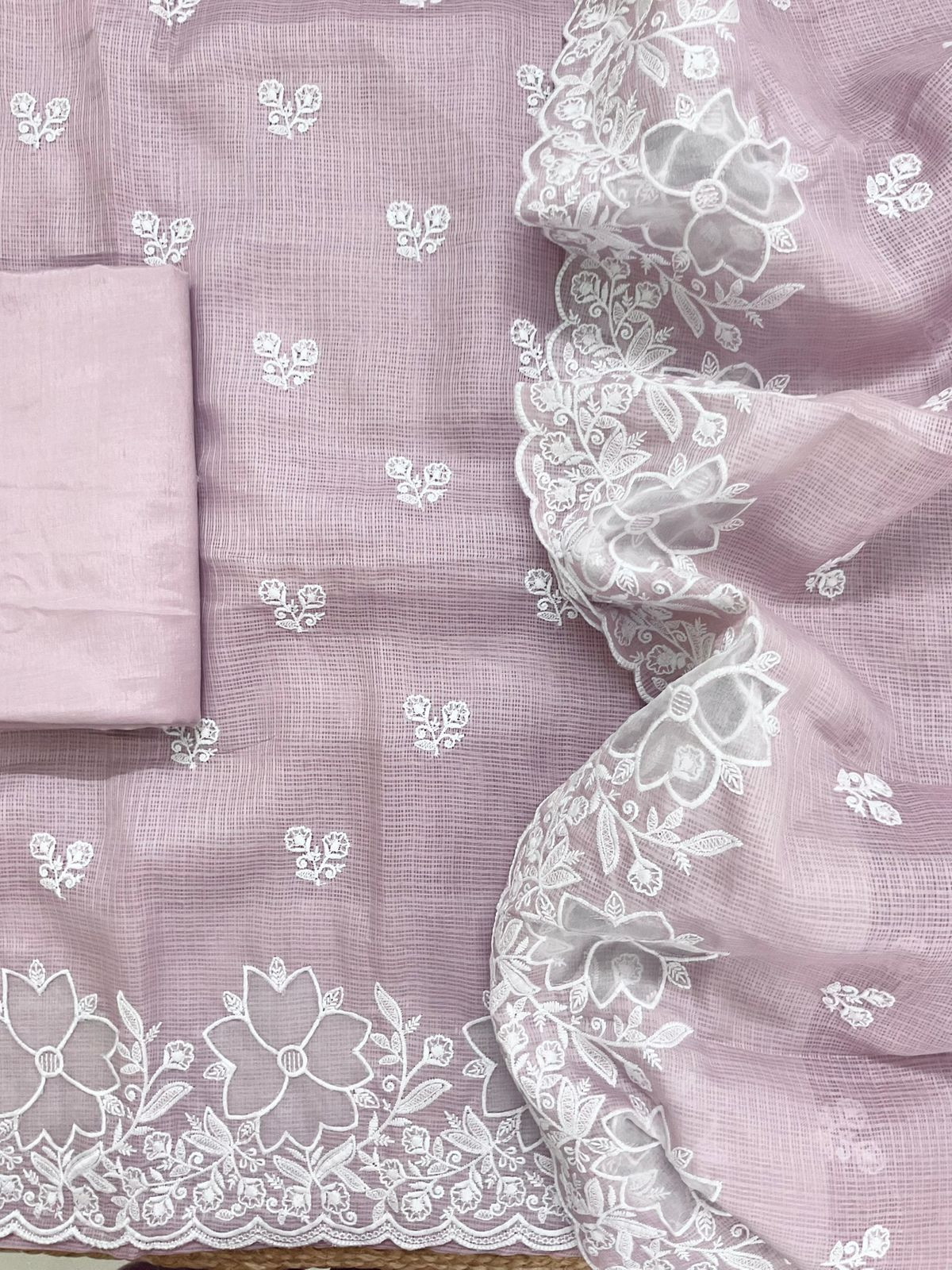 Soft Kota Silk Embroidered Suit - Onion Pink