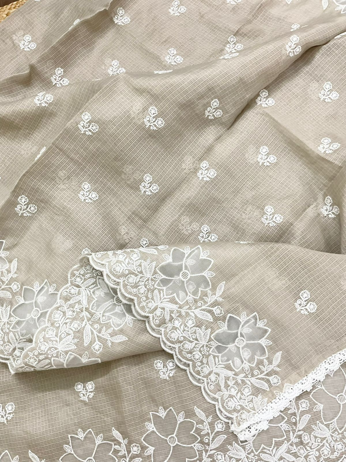 Soft Kota Silk Embroidered Suit - Beige