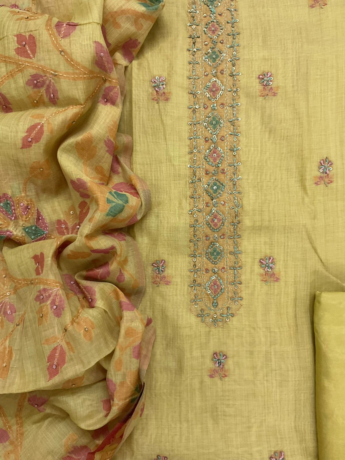 Soft Kora Chanderi Jamdani Weaved Embroidered Suit - Yellow