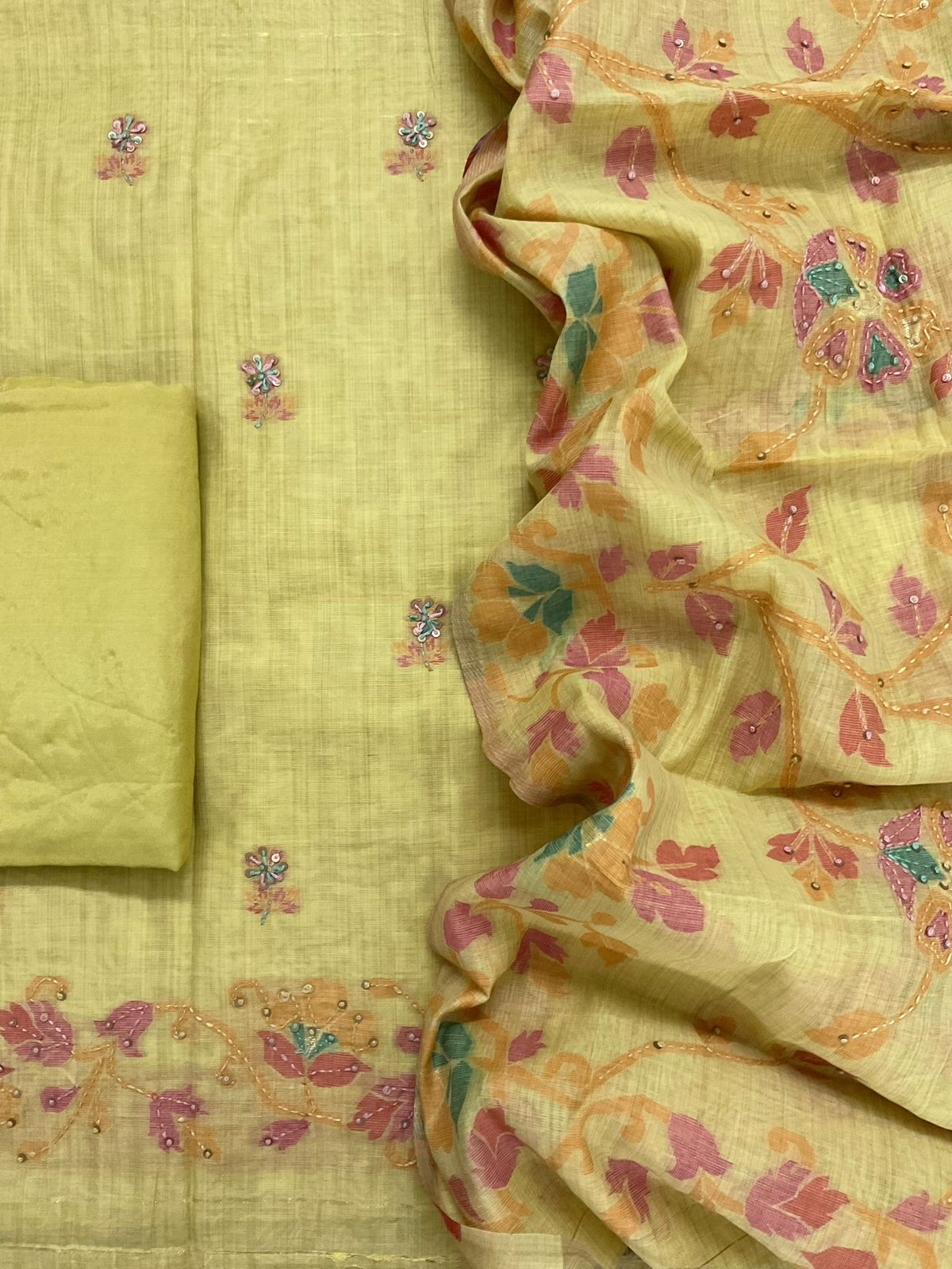 Soft Kora Chanderi Jamdani Weaved Embroidered Suit - Yellow