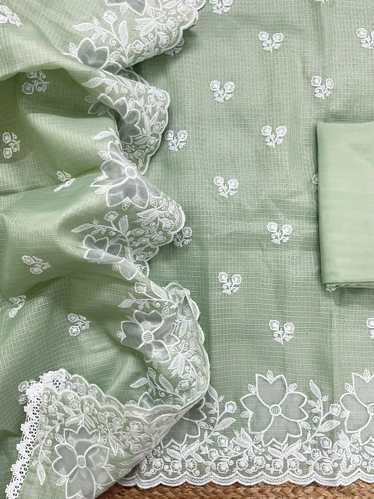 Soft Kota Silk Embroidered Suit - Green