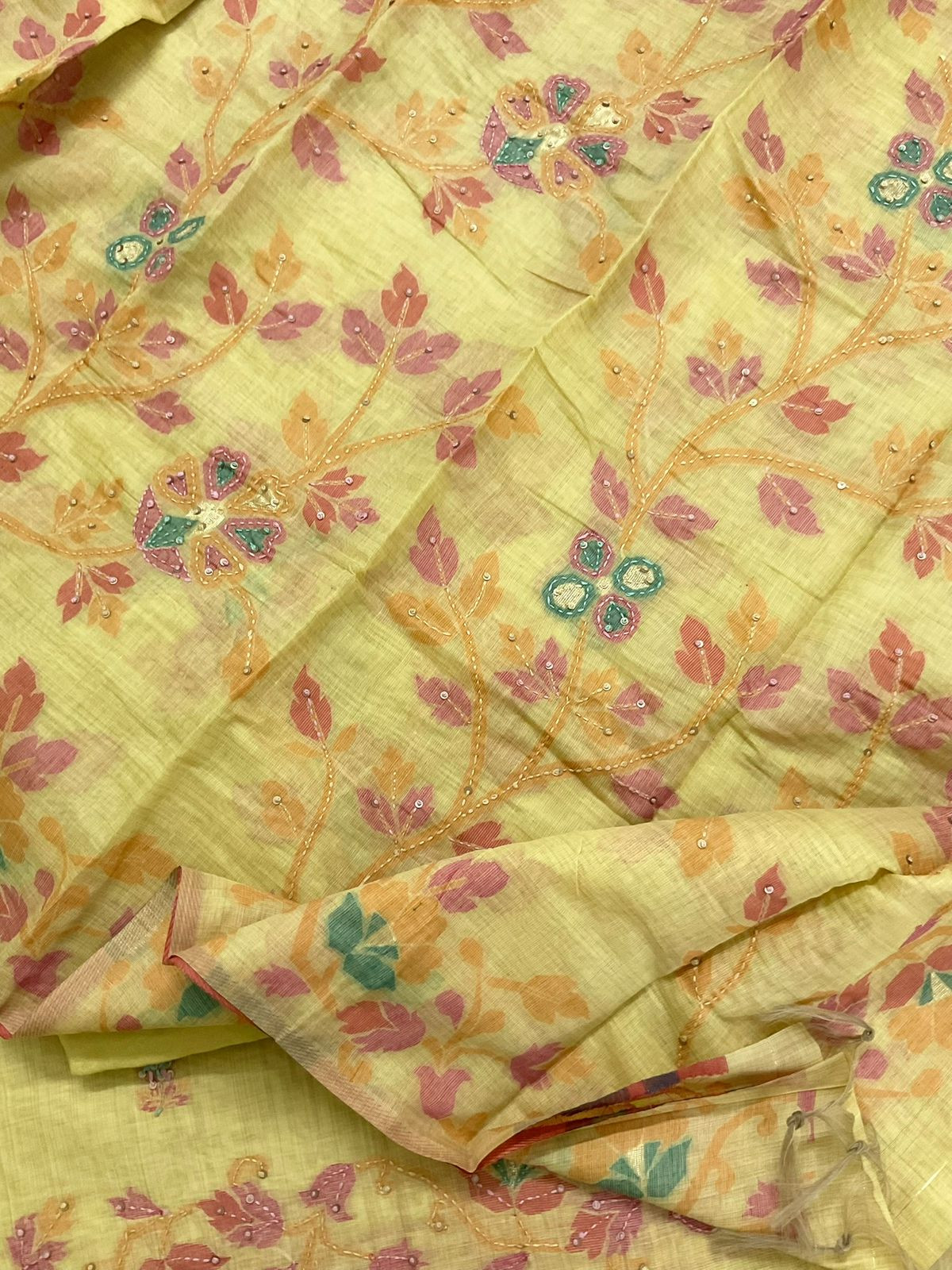 Soft Kora Chanderi Jamdani Weaved Embroidered Suit - Yellow