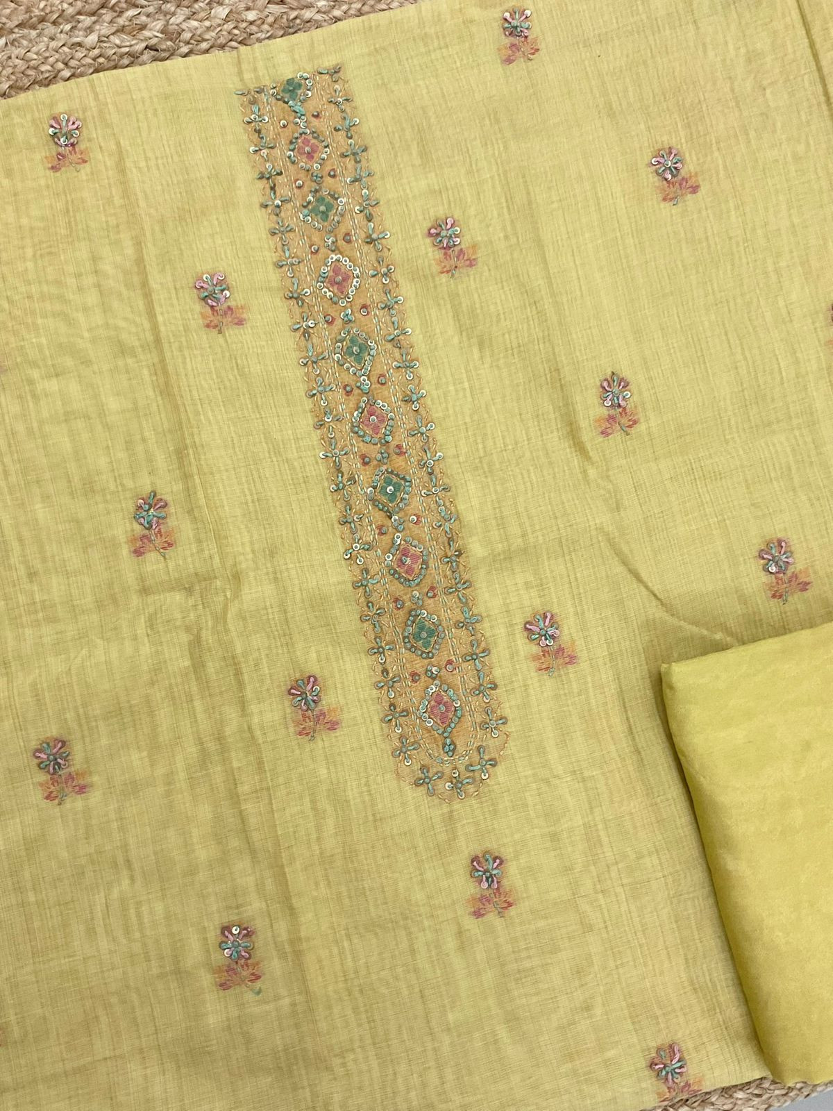 Soft Kora Chanderi Jamdani Weaved Embroidered Suit - Yellow