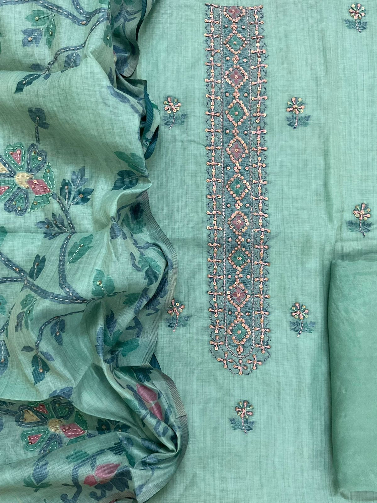 Soft Kora Chanderi Jamdani Weaved Embroidered Suit - Blue