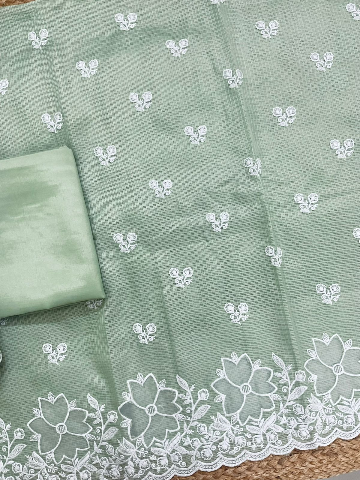 Soft Kota Silk Embroidered Suit - Green