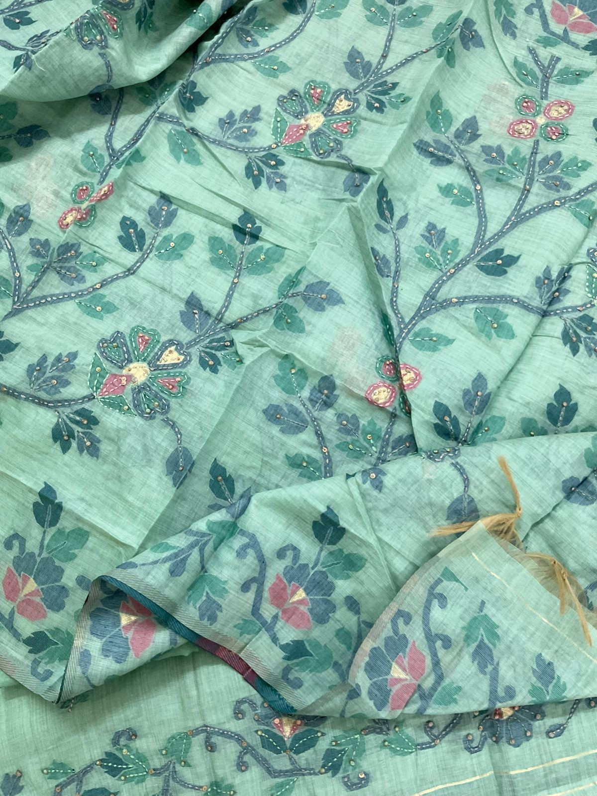 Soft Kora Chanderi Jamdani Weaved Embroidered Suit - Blue