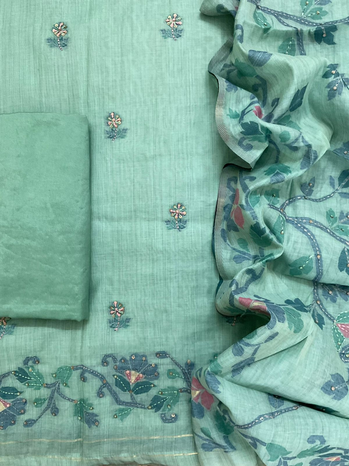 Soft Kora Chanderi Jamdani Weaved Embroidered Suit - Blue