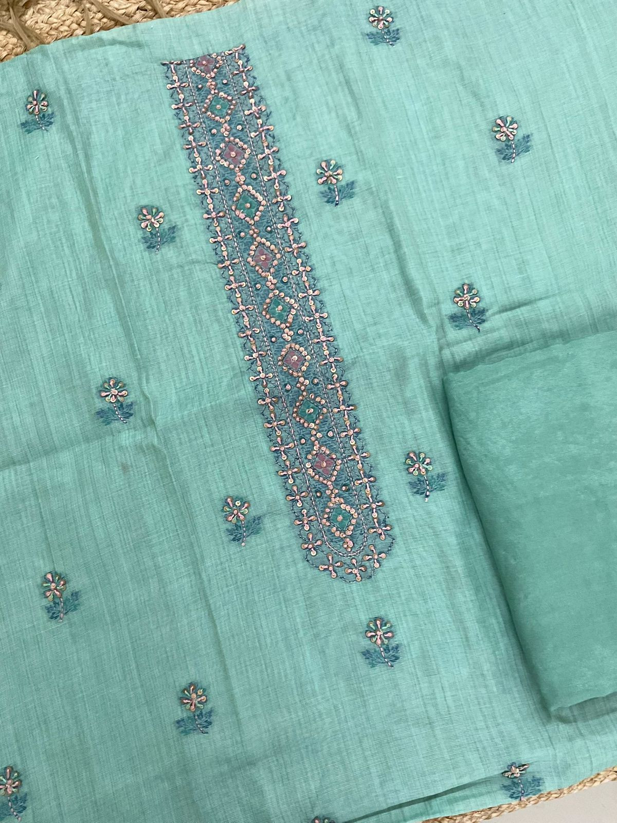 Soft Kora Chanderi Jamdani Weaved Embroidered Suit - Blue