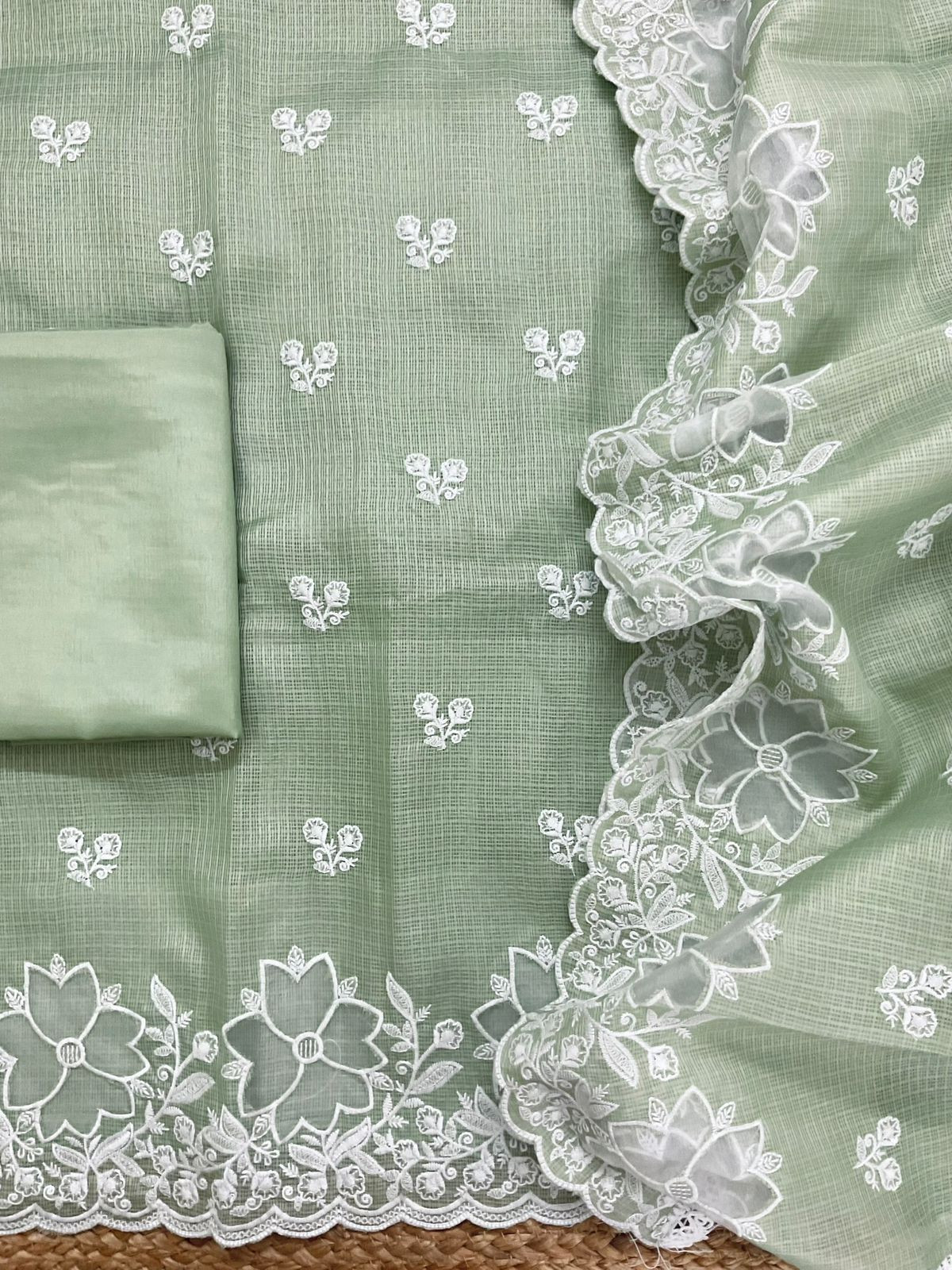 Soft Kota Silk Embroidered Suit - Green