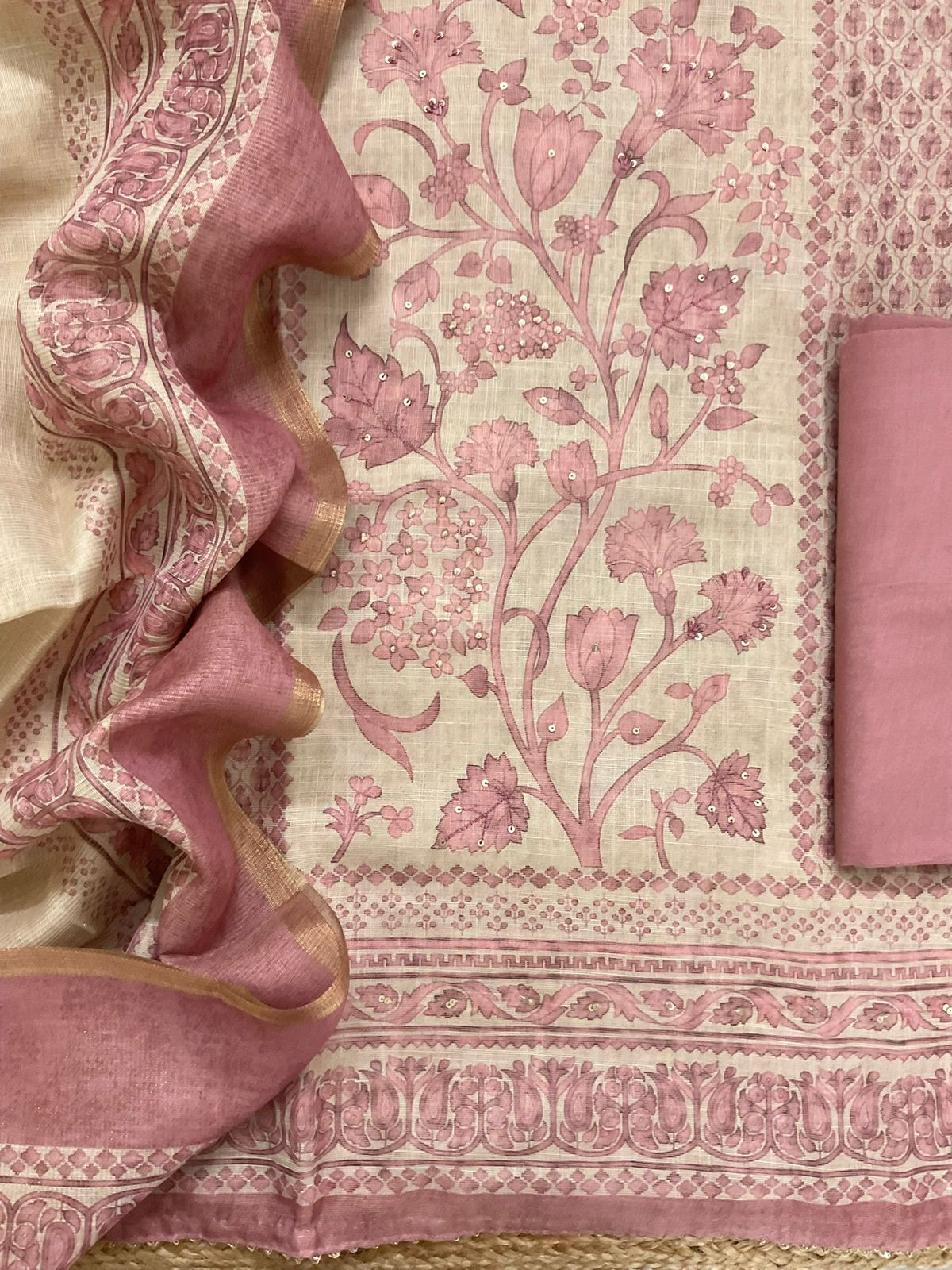 Soft Tissue Slub Cotton Printed Embroidered Suit - Beige