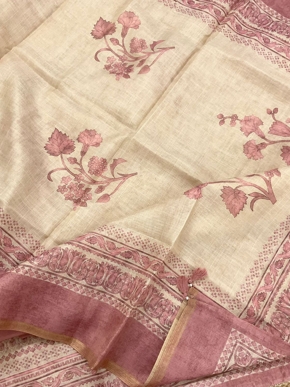 Soft Tissue Slub Cotton Printed Embroidered Suit - Beige