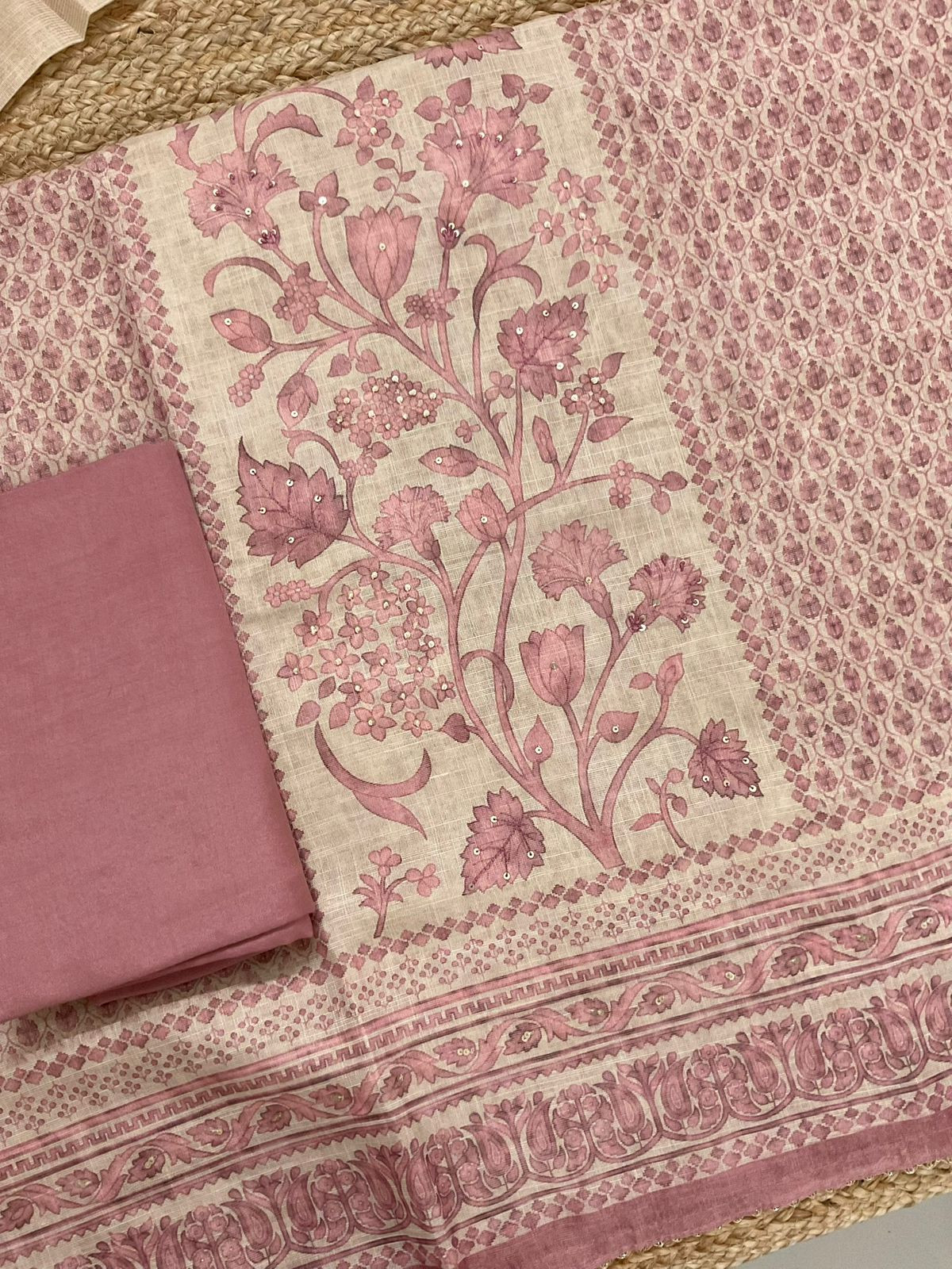 Soft Tissue Slub Cotton Printed Embroidered Suit - Beige