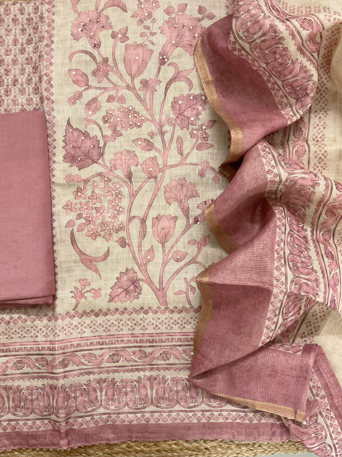 Soft Tissue Slub Cotton Printed Embroidered Suit - Beige