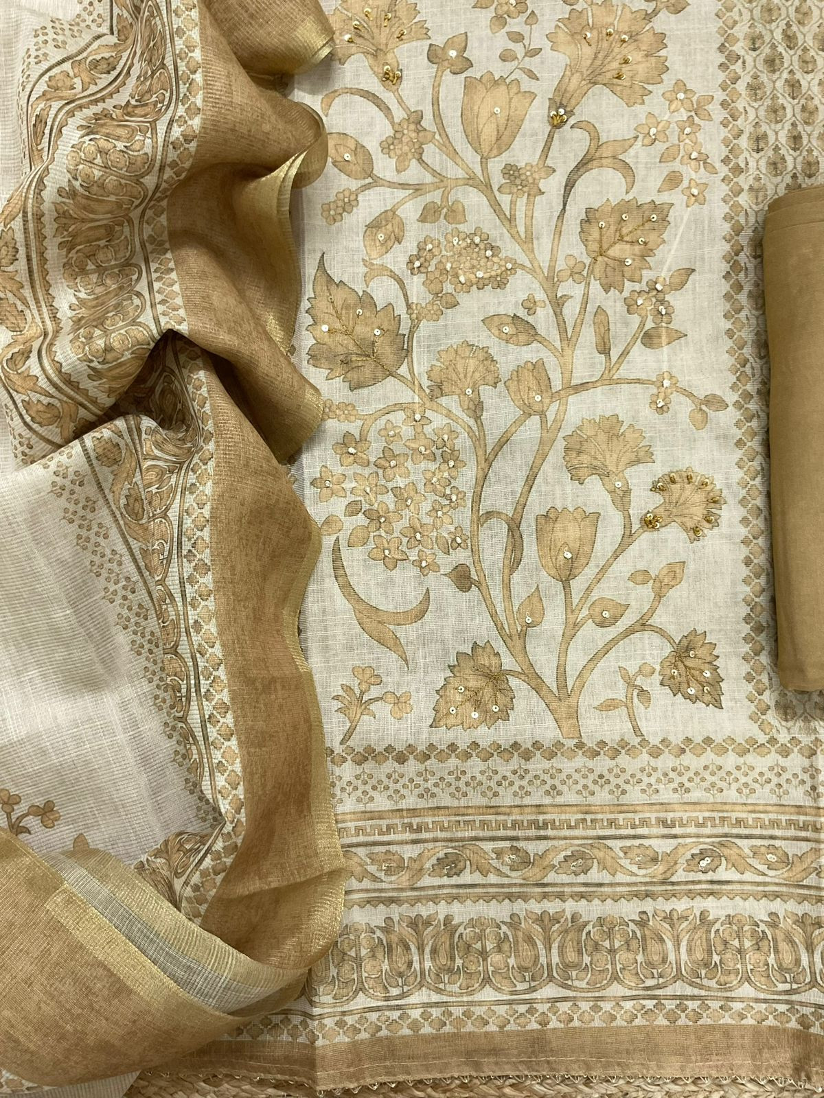 Soft Tissue Slub Cotton Printed Embroidered Suit - Beige