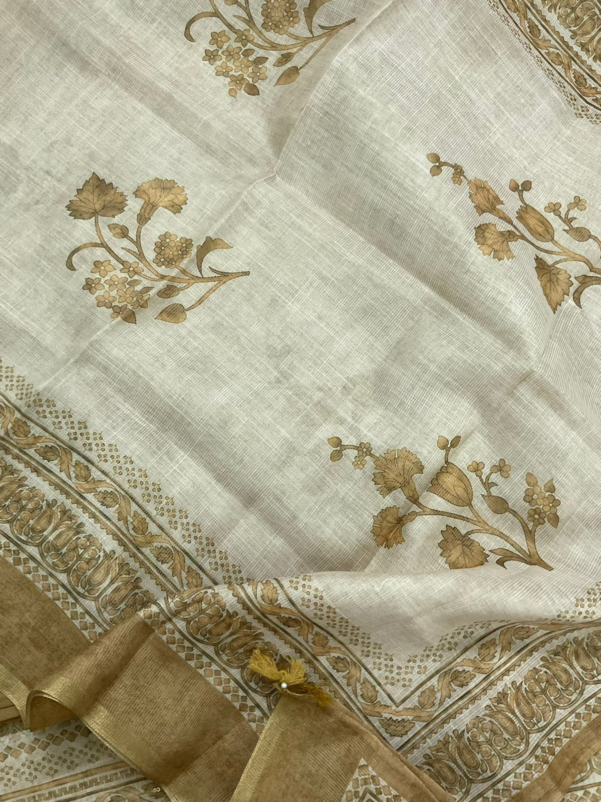 Soft Tissue Slub Cotton Printed Embroidered Suit - Beige