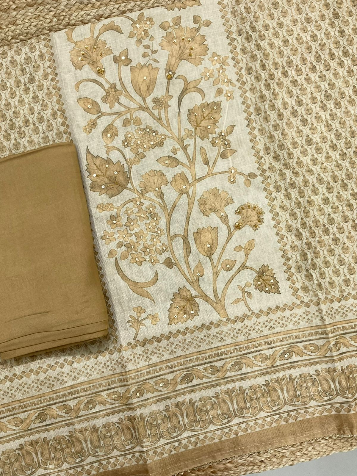 Soft Tissue Slub Cotton Printed Embroidered Suit - Beige