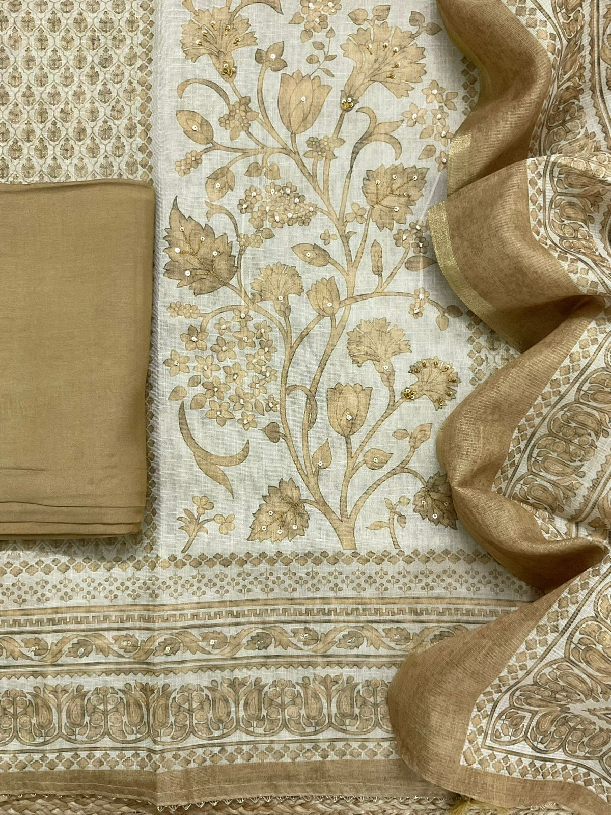 Soft Tissue Slub Cotton Printed Embroidered Suit - Beige