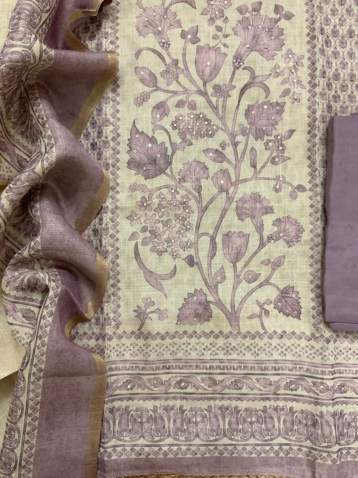 Soft Tissue Slub Cotton Printed Embroidered Suit - Beige