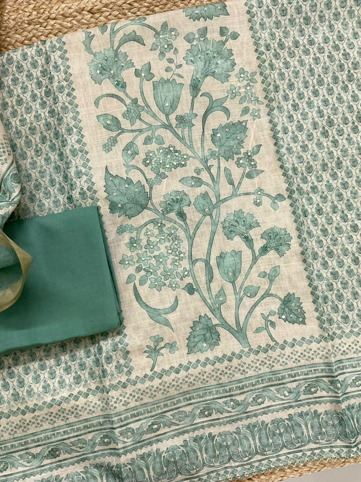 Soft Tissue Slub Cotton Printed Embroidered Suit - Beige