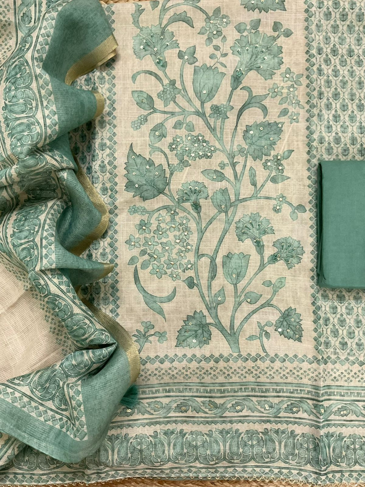 Soft Tissue Slub Cotton Printed Embroidered Suit - Beige