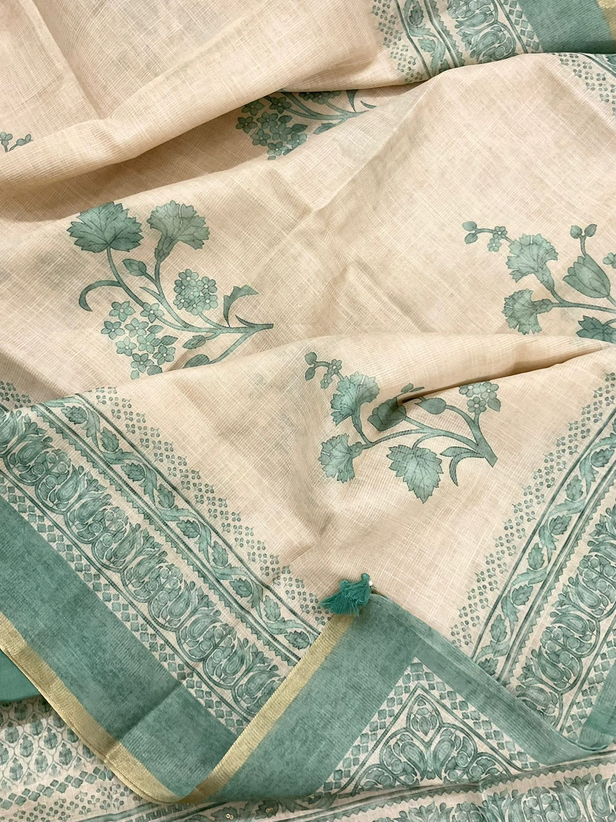 Soft Tissue Slub Cotton Printed Embroidered Suit - Beige