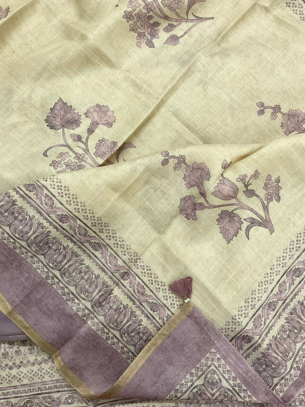 Soft Tissue Slub Cotton Printed Embroidered Suit - Beige