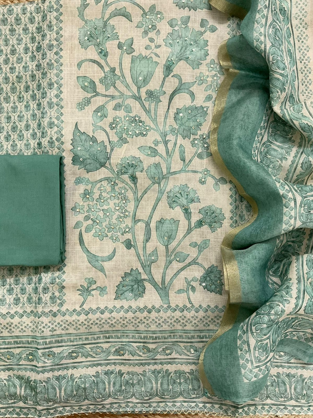 Soft Tissue Slub Cotton Printed Embroidered Suit - Beige