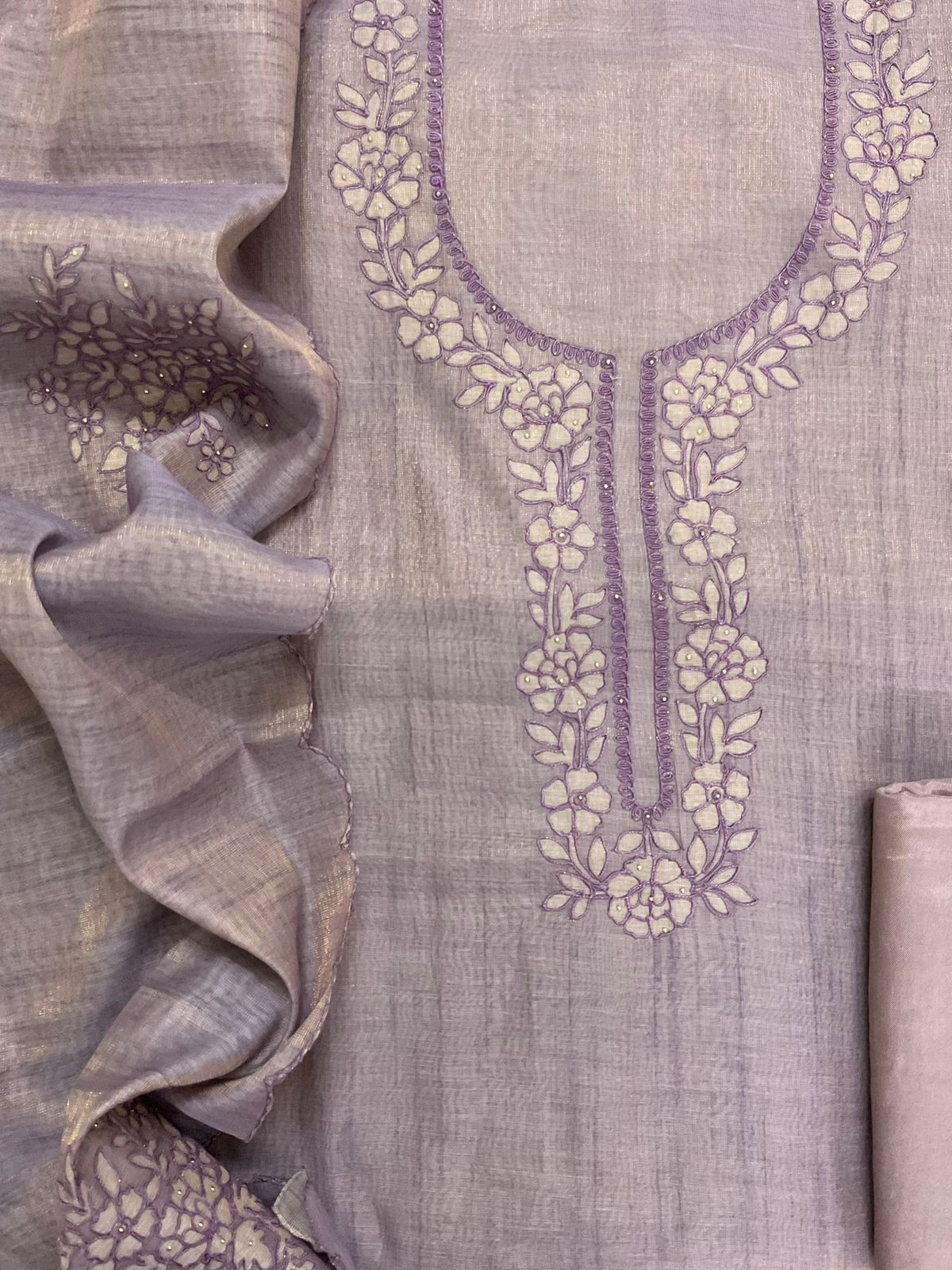 Soft Tissue Slub Cotton Printed Embroidered Suit - Lavender