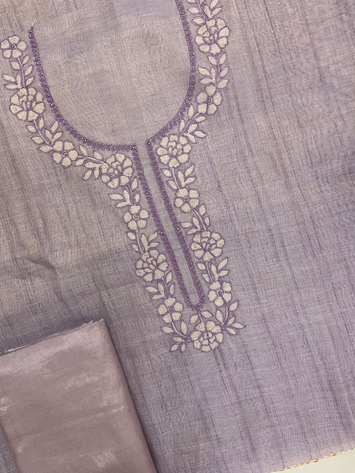 Soft Tissue Slub Cotton Printed Embroidered Suit - Lavender