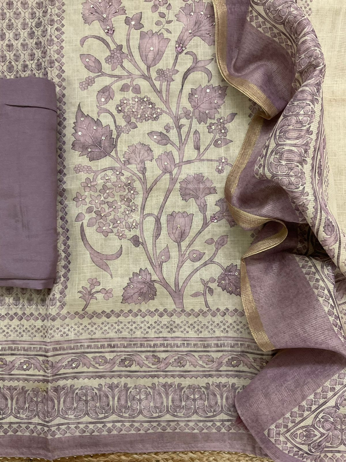 Soft Tissue Slub Cotton Printed Embroidered Suit - Beige