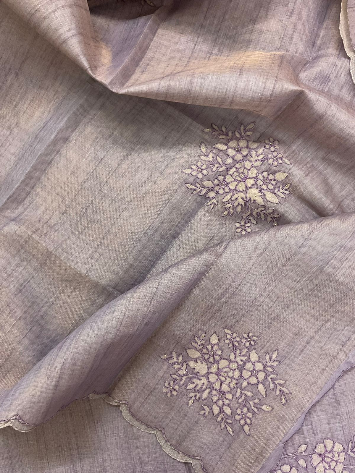 Soft Tissue Slub Cotton Printed Embroidered Suit - Lavender