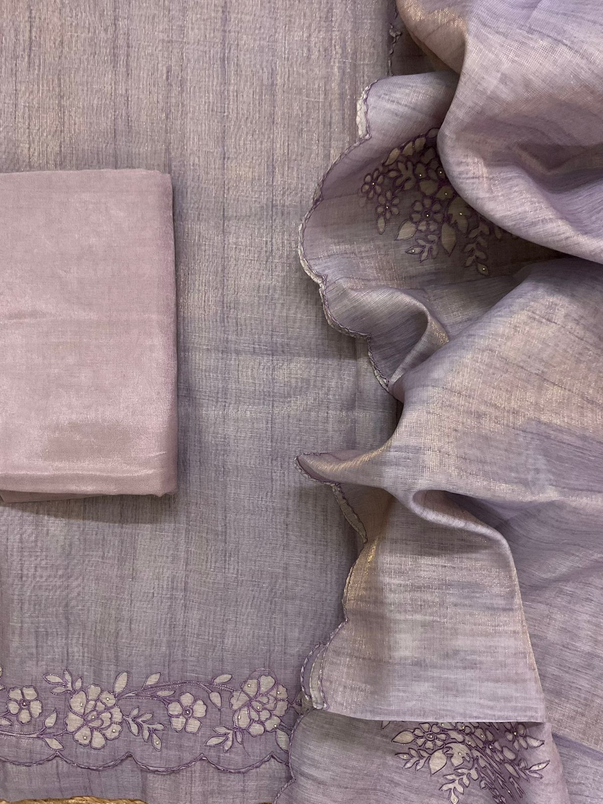 Soft Tissue Slub Cotton Printed Embroidered Suit - Lavender