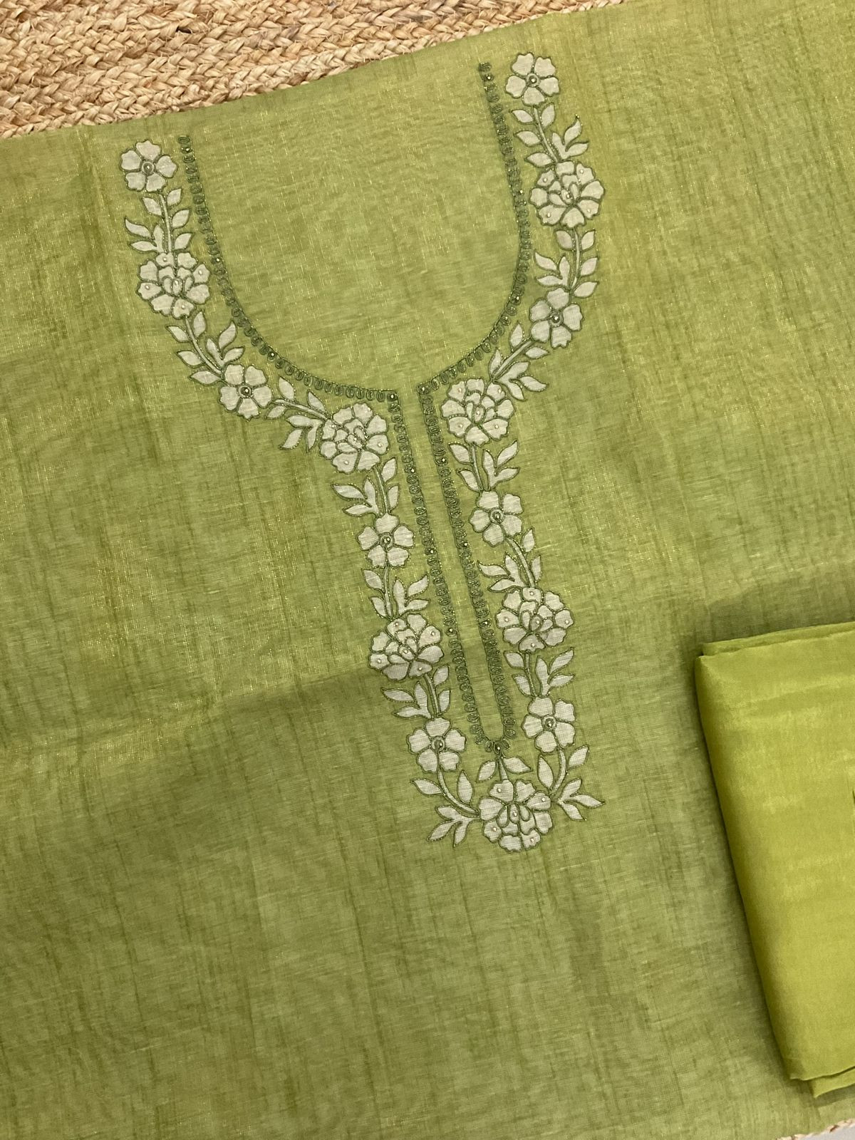 Soft Tissue Slub Cotton Printed Embroidered Suit - Green